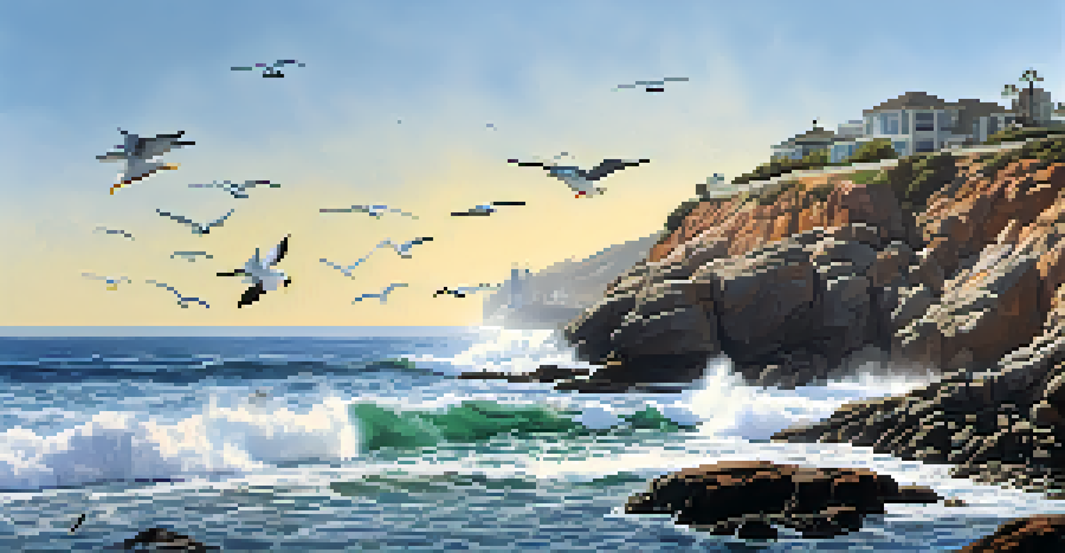 A coastal view of San Diego with rocky shores, crashing waves, and sea birds, highlighting a Marine Protected Area where divers are visible exploring the underwater ecosystem.