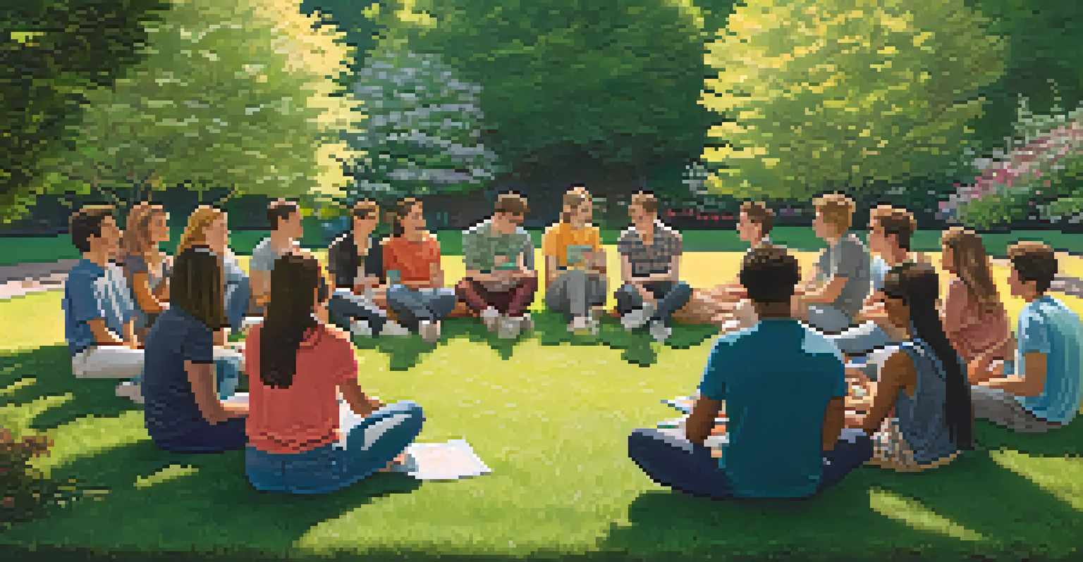 LGBTQ+ youth sitting in a circle on a grassy lawn, engaged in a support group discussion surrounded by nature.