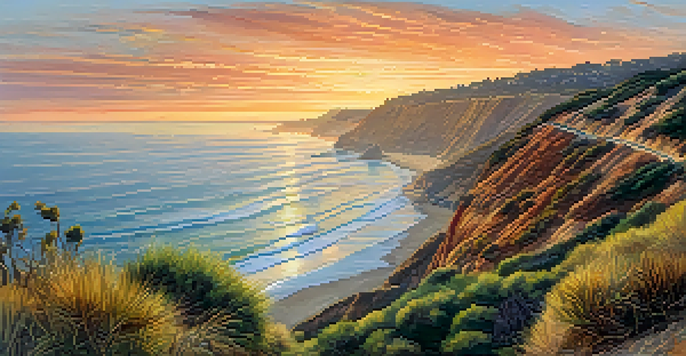 A scenic view of cliffs at Torrey Pines State Natural Reserve during sunset, with birds soaring above and the ocean in the background.