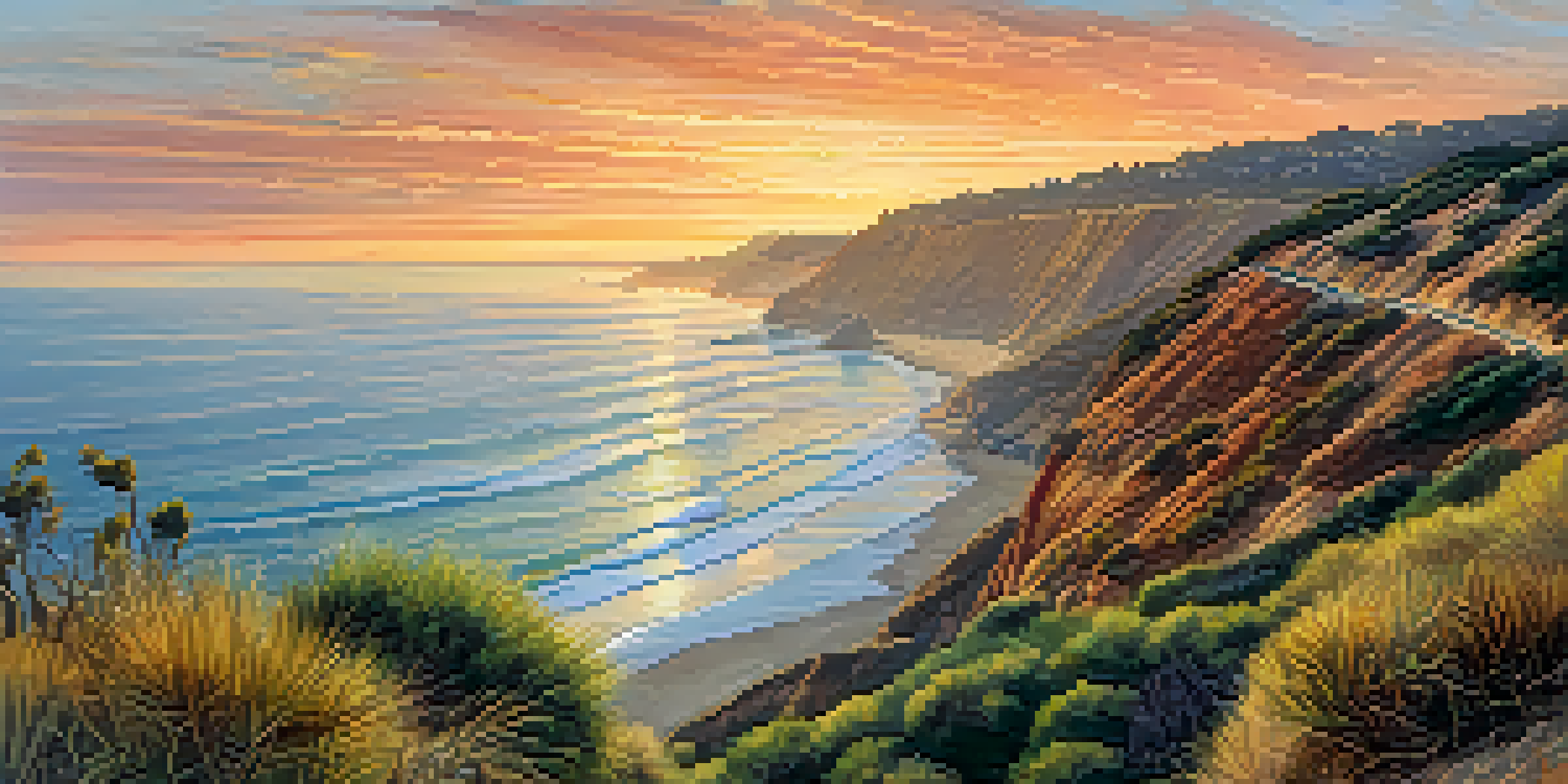 A scenic view of cliffs at Torrey Pines State Natural Reserve during sunset, with birds soaring above and the ocean in the background.