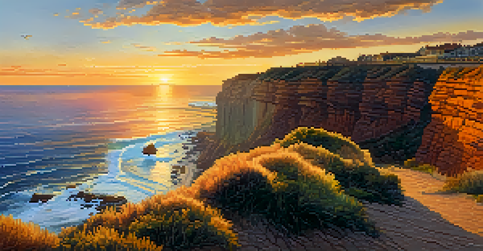 A panoramic view of Sunset Cliffs Natural Park at sunset, with dramatic cliffs and colorful sky.