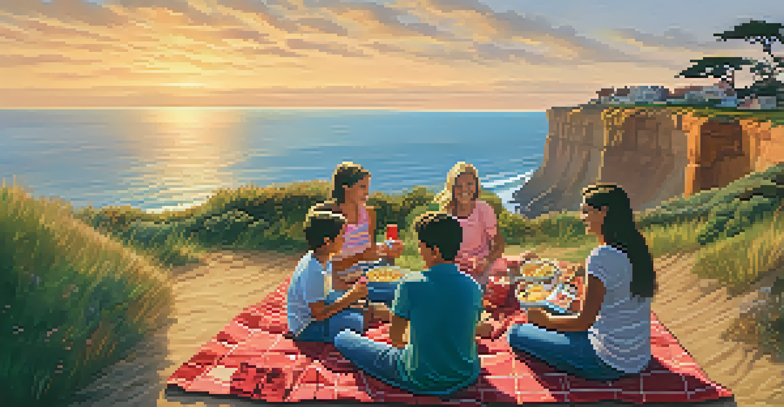 A family having a picnic on a scenic overlook with cliffs and ocean views at sunset.