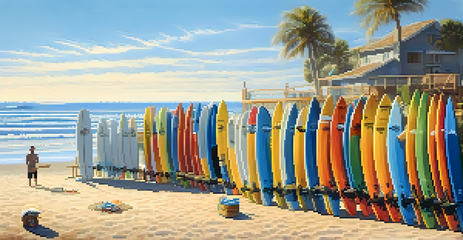 A surf school setup on the beach with surfboards and wetsuits, as an instructor talks to a small group of beginners under a bright blue sky.