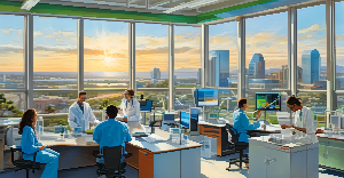 A busy laboratory in San Diego with researchers working on medical devices, large windows showing a sunny skyline in the background.