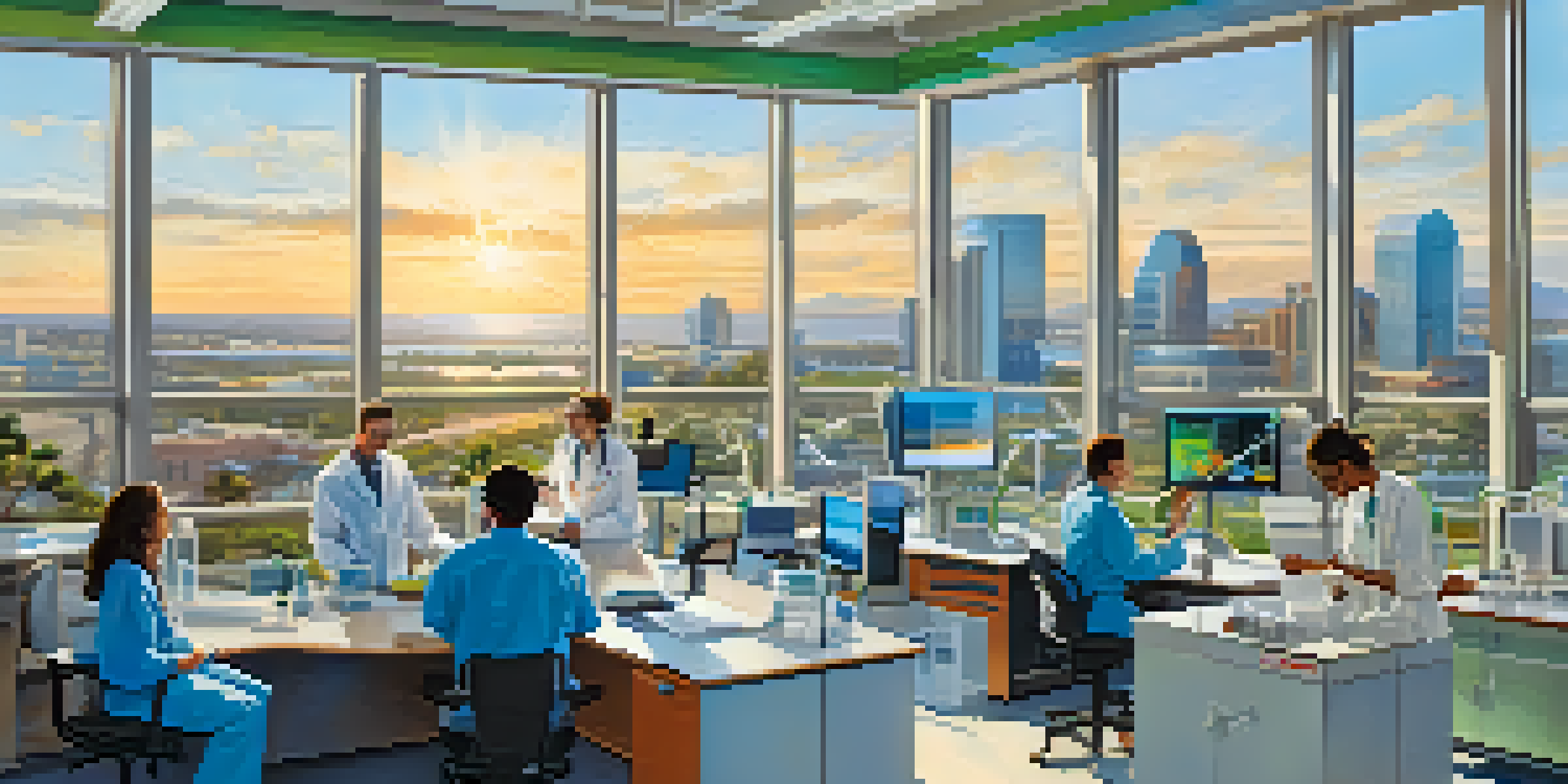 A busy laboratory in San Diego with researchers working on medical devices, large windows showing a sunny skyline in the background.
