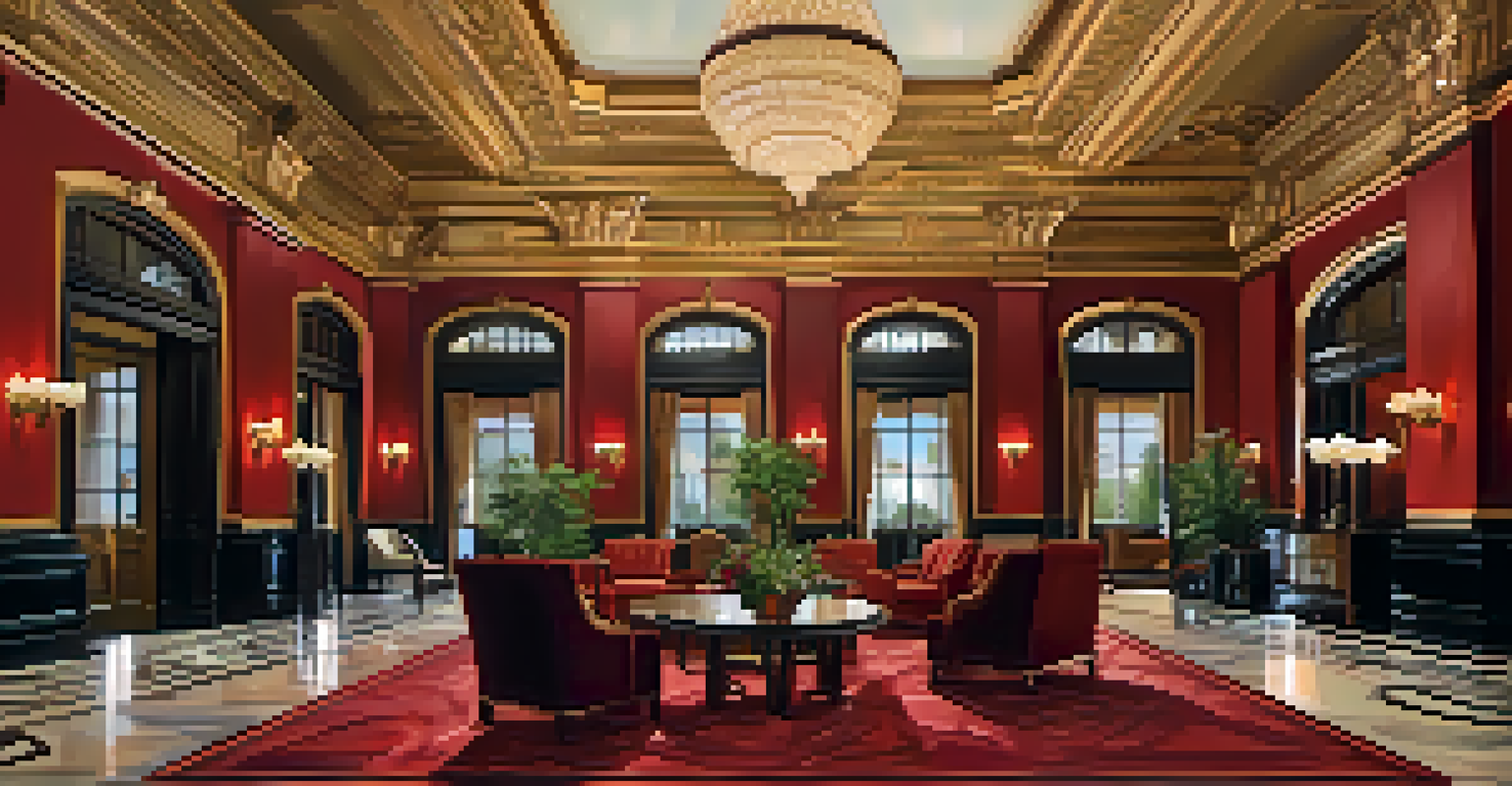The opulent lobby of the U.S. Grant Hotel, adorned with intricate details and elegant chandeliers, showing guests in formal attire.