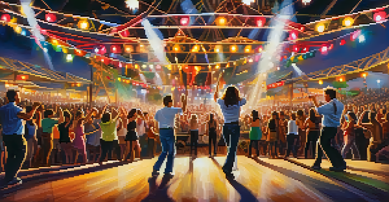 A vibrant live music performance at the fair, with an audience dancing and enjoying the show under colorful lights.