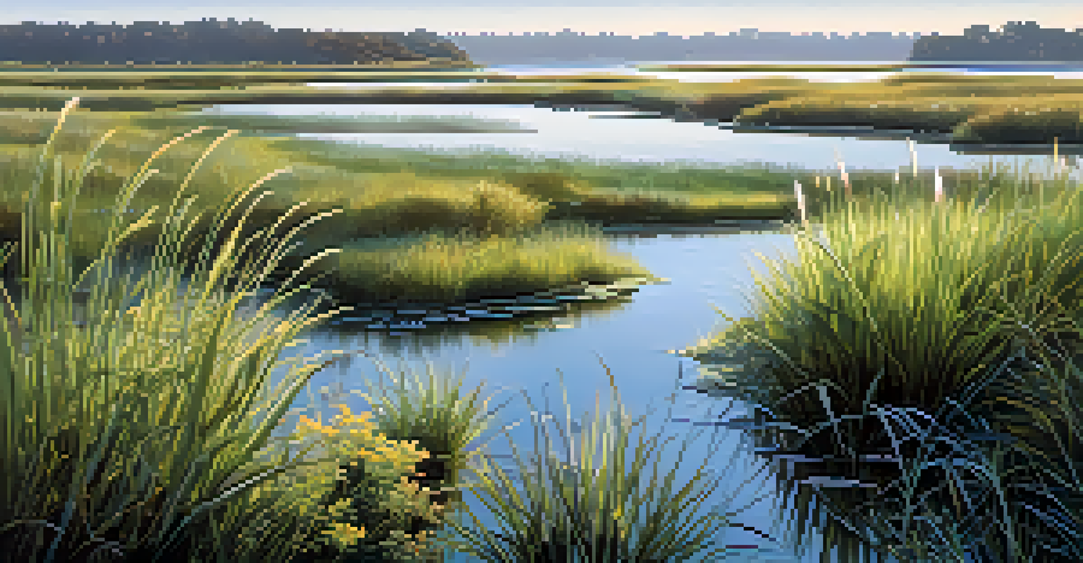 A close-up of a coastal wetland with native plants and a reflective pond under soft morning light.