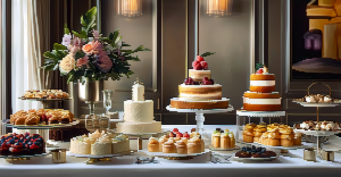 A beautifully arranged dessert table with various pastries and cakes in a softly lit restaurant setting.