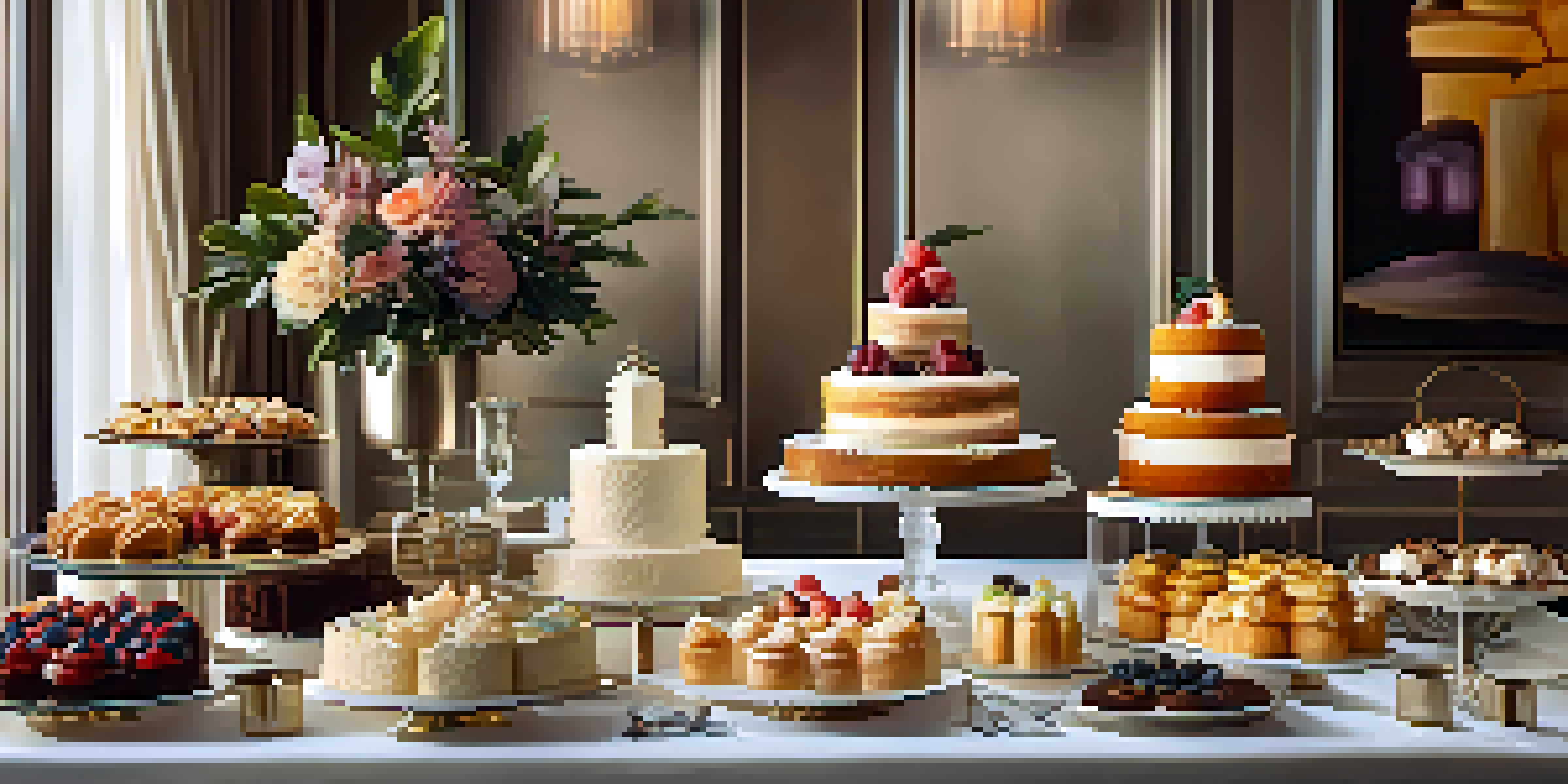 A beautifully arranged dessert table with various pastries and cakes in a softly lit restaurant setting.
