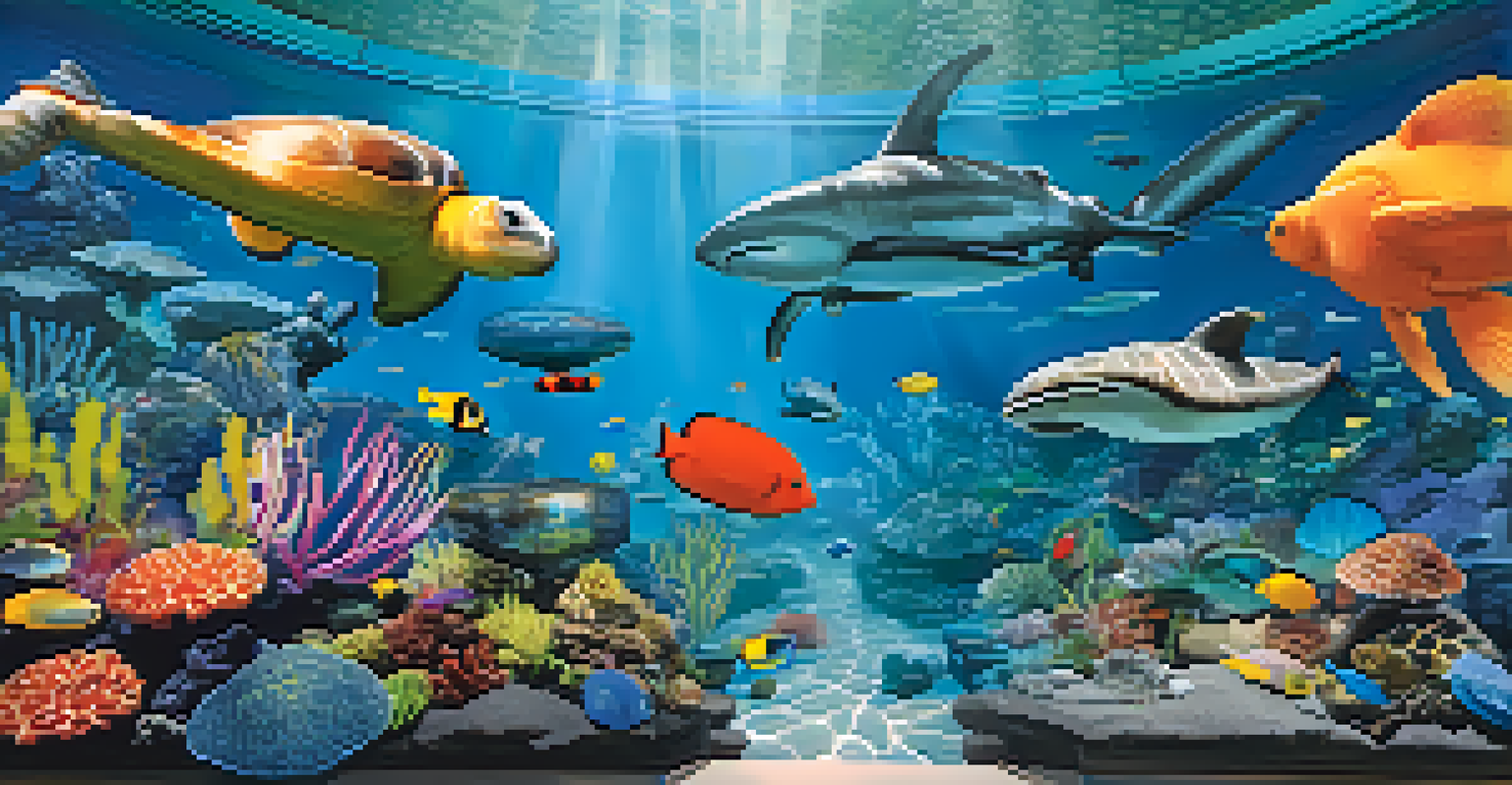 An aquarium scene with a large tank of colorful fish and sea turtles, surrounded by visitors engaging with interactive exhibits and touch tanks.