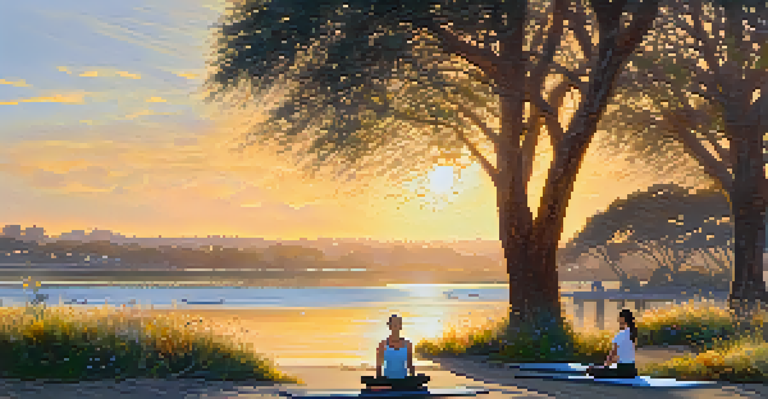 A yogi practicing downward dog pose at Mission Bay Park during sunrise, with shimmering waters and paddleboarders in the background.