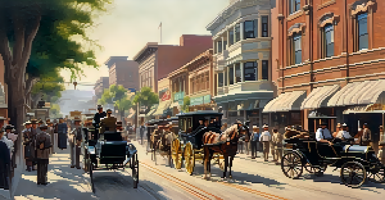 A bustling early 1900s street scene in San Diego with horse-drawn carriages and period-dressed pedestrians.
