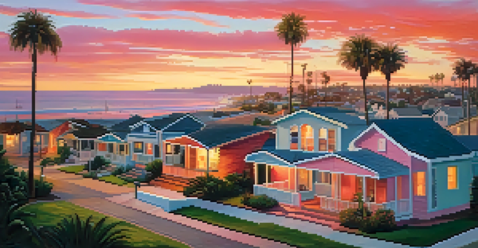 A scenic sunset view of a coastal neighborhood in San Diego, highlighting a charming house with a garden and palm trees.