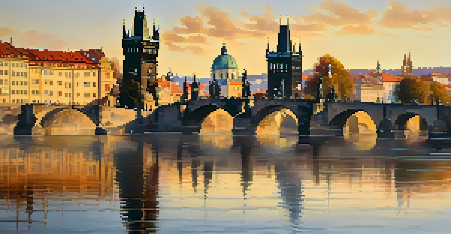 The Charles Bridge over the Vltava River at sunset, reflected in the water with historic buildings in the background.