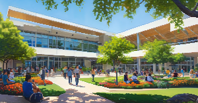 A lively community college campus with diverse students studying outdoors under sunny skies.