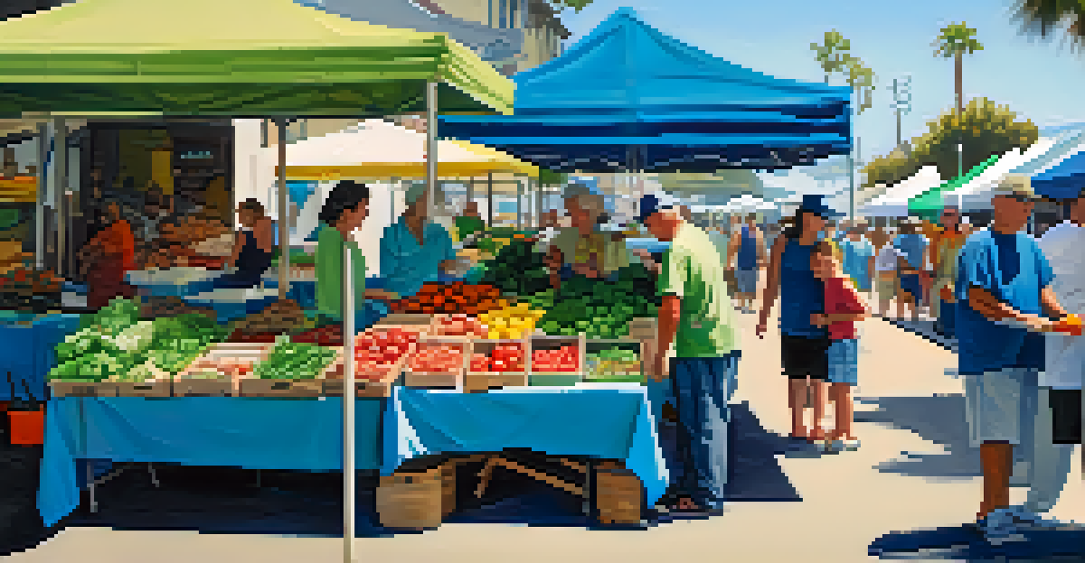A coastal farmers market with seafood and fresh produce, families shopping, and musicians performing.