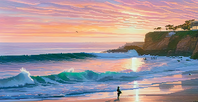 A beautiful sunrise at La Jolla Cove, showcasing surfers on the waves and colorful skies.
