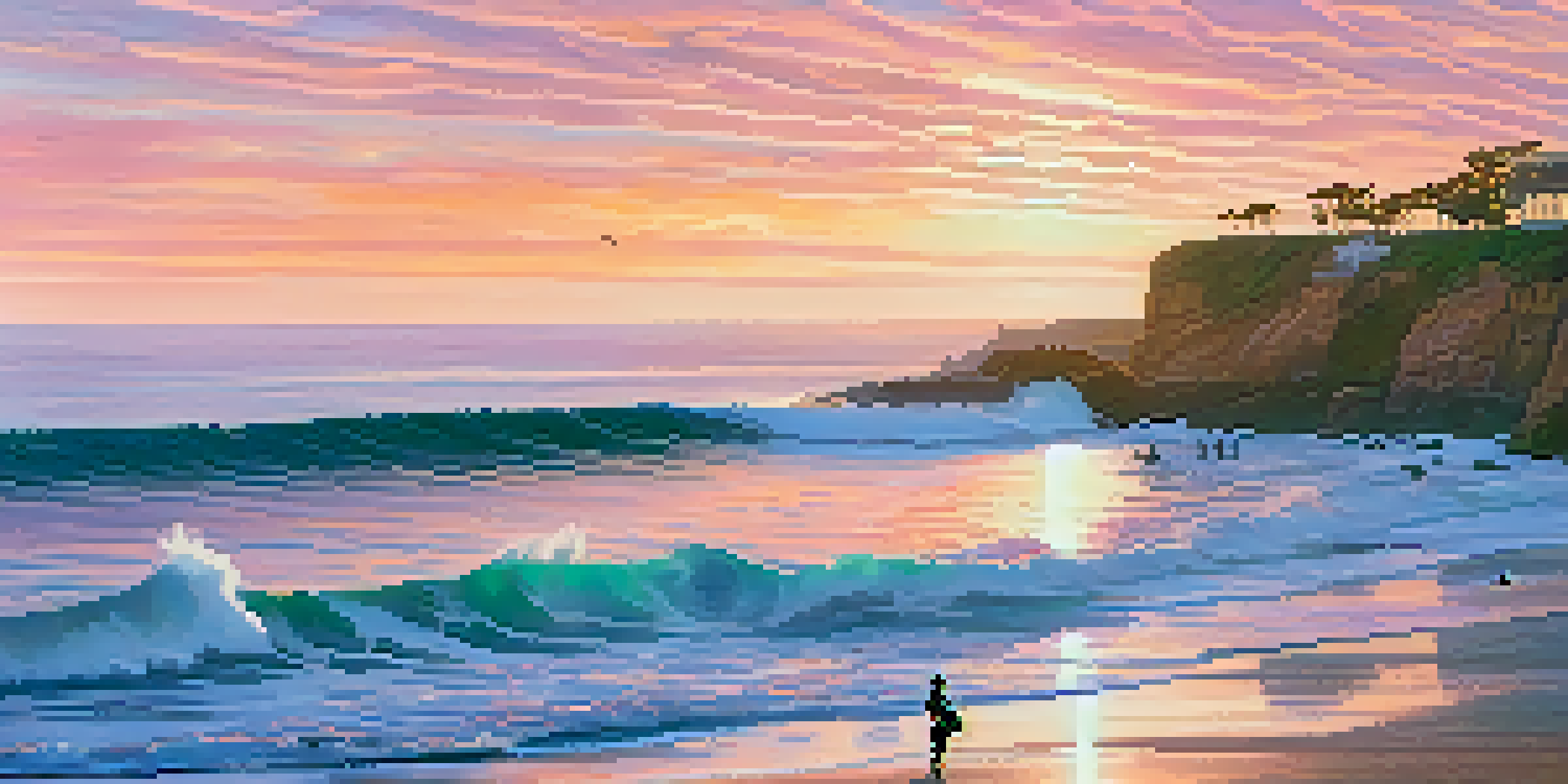 A beautiful sunrise at La Jolla Cove, showcasing surfers on the waves and colorful skies.