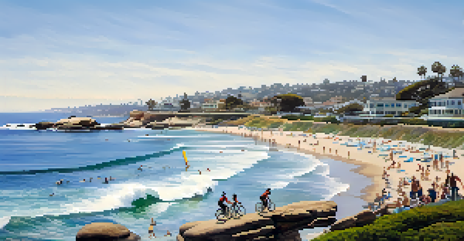 Cyclists riding along La Jolla Shores with sea lions on the rocks and surfers in the waves under a clear blue sky.