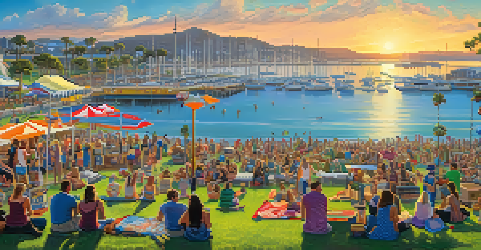 A scenic view of the Wonderfront Festival by the bay with performers on multiple stages and people enjoying the waterfront atmosphere.