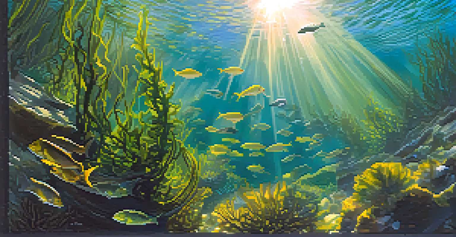 Underwater scene of a vibrant kelp forest with colorful fish swimming in clear water.