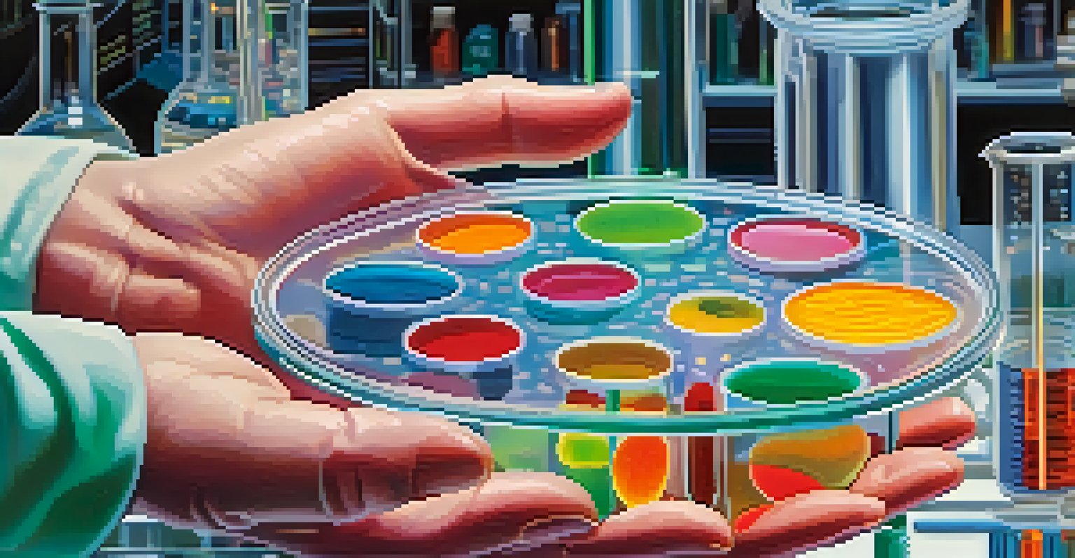 A close-up of a scientist's hands holding a petri dish with colorful bacterial cultures in a lab.
