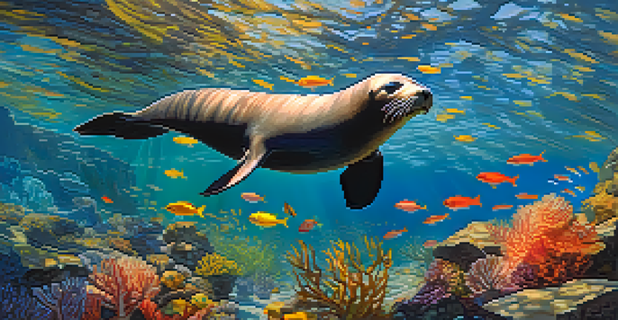 An underwater scene with colorful fish, coral reefs, and a sea lion in La Jolla's clear waters.