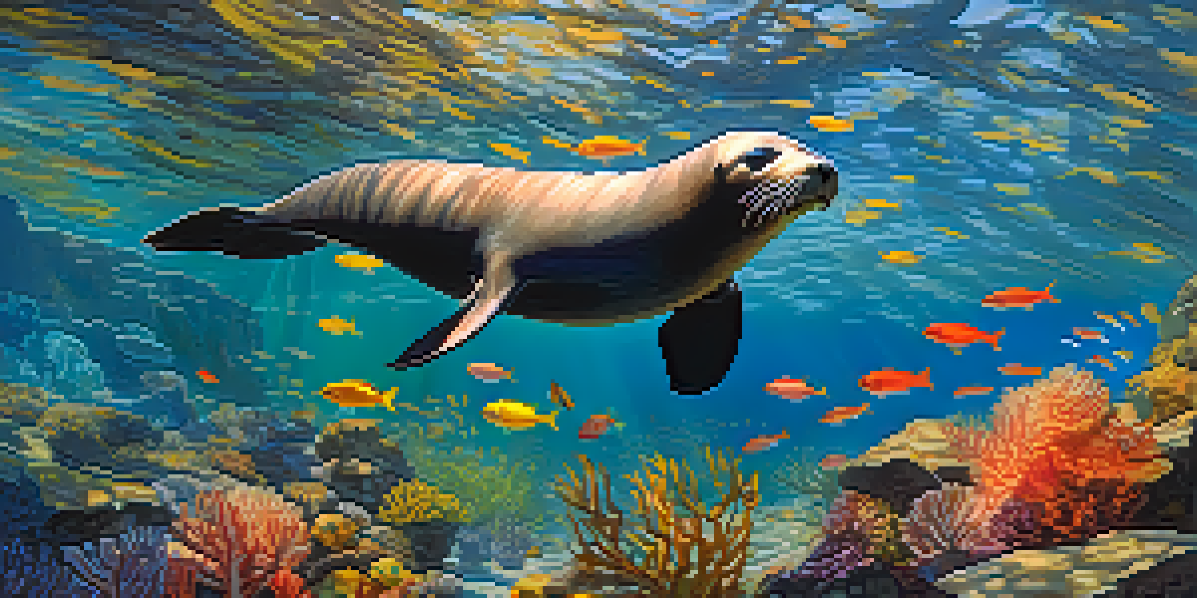 An underwater scene with colorful fish, coral reefs, and a sea lion in La Jolla's clear waters.