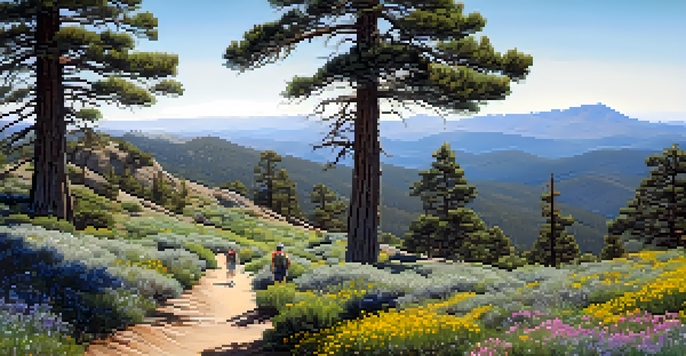 A picturesque view of Mount Laguna with hikers on a trail surrounded by pine trees and wildflowers.