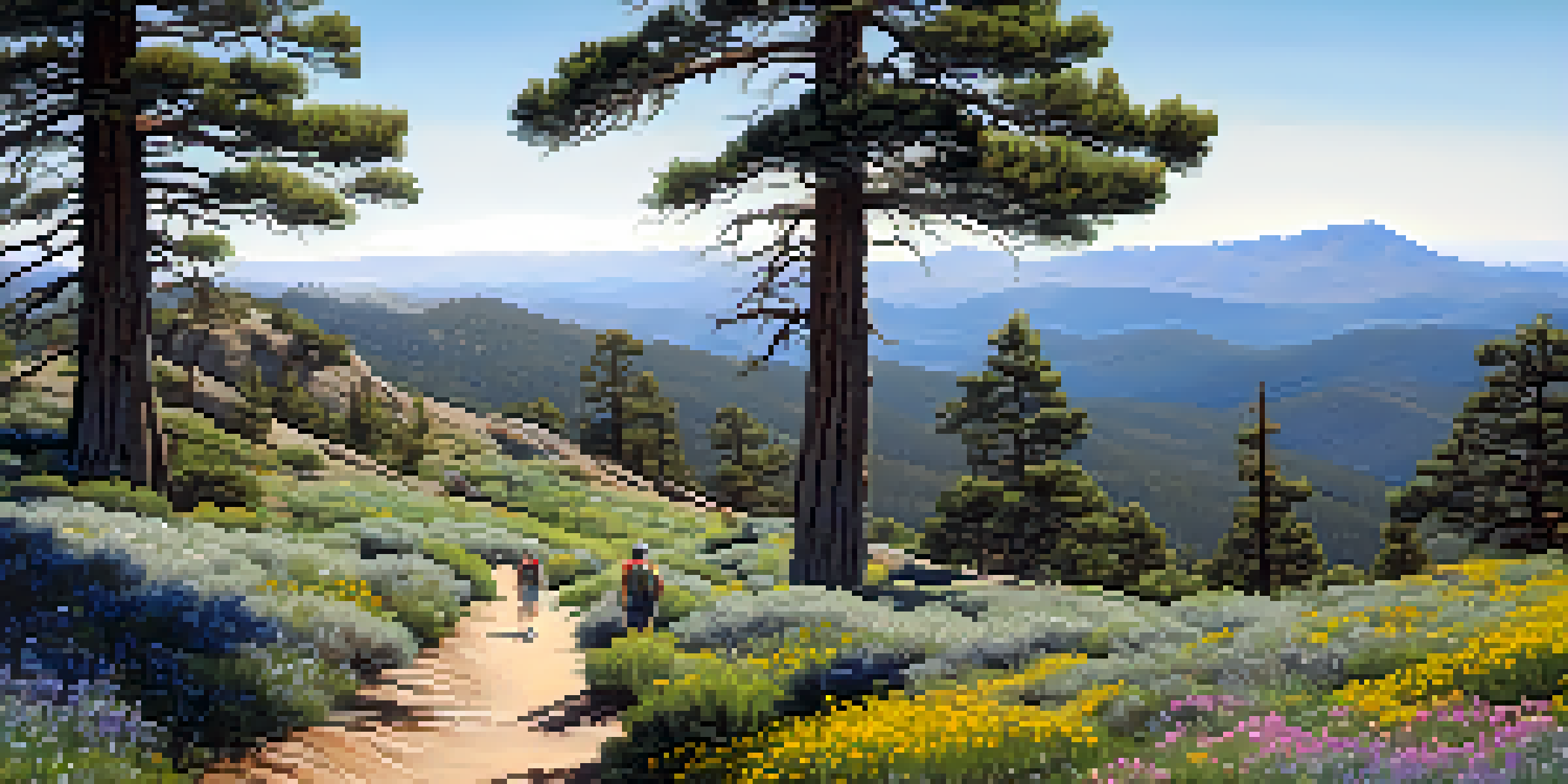 A picturesque view of Mount Laguna with hikers on a trail surrounded by pine trees and wildflowers.