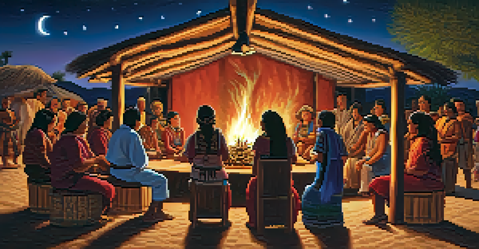 A group of people gathered around a fire at night, listening to a Cahuilla storyteller, surrounded by traditional attire and handcrafted items.