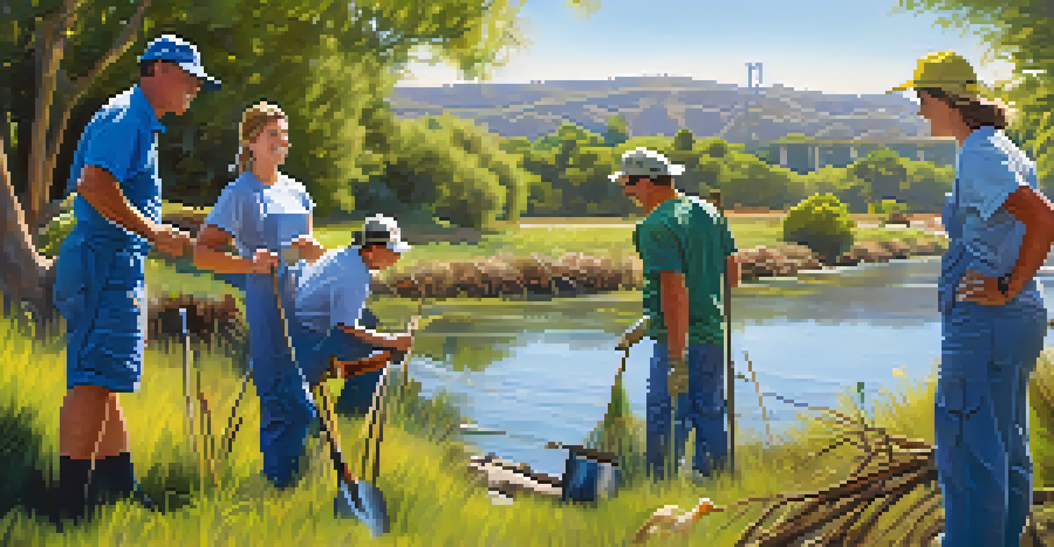 Volunteers planting trees by a riverbank in San Diego, contributing to environmental conservation efforts in a beautiful outdoor setting.