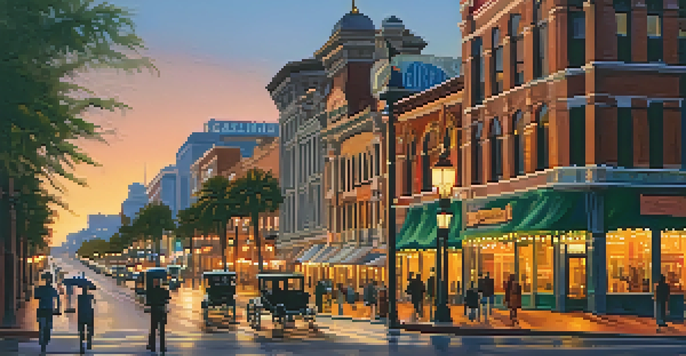 A lively street scene in the Gaslamp Quarter with Victorian buildings and the Gaslamp sign, featuring people walking under warm gas lamp light during sunset.