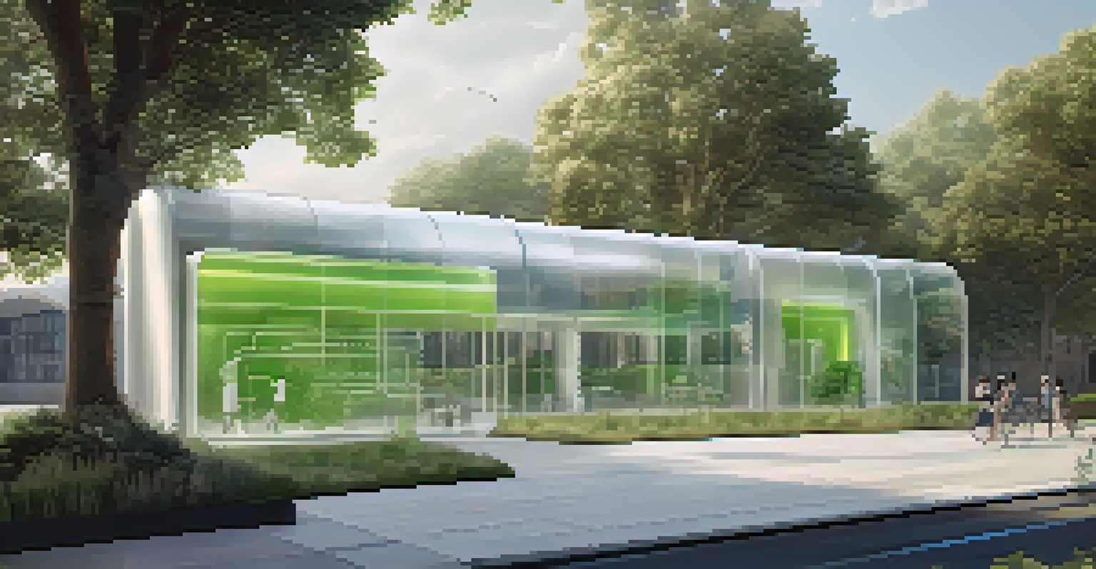 A flow battery system with a transparent design showing circulating electrolytes, set against a backdrop of modern buildings and green spaces.