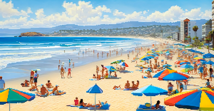 A busy beach scene at Mission Beach with people surfing, playing volleyball, and colorful umbrellas under a clear blue sky.