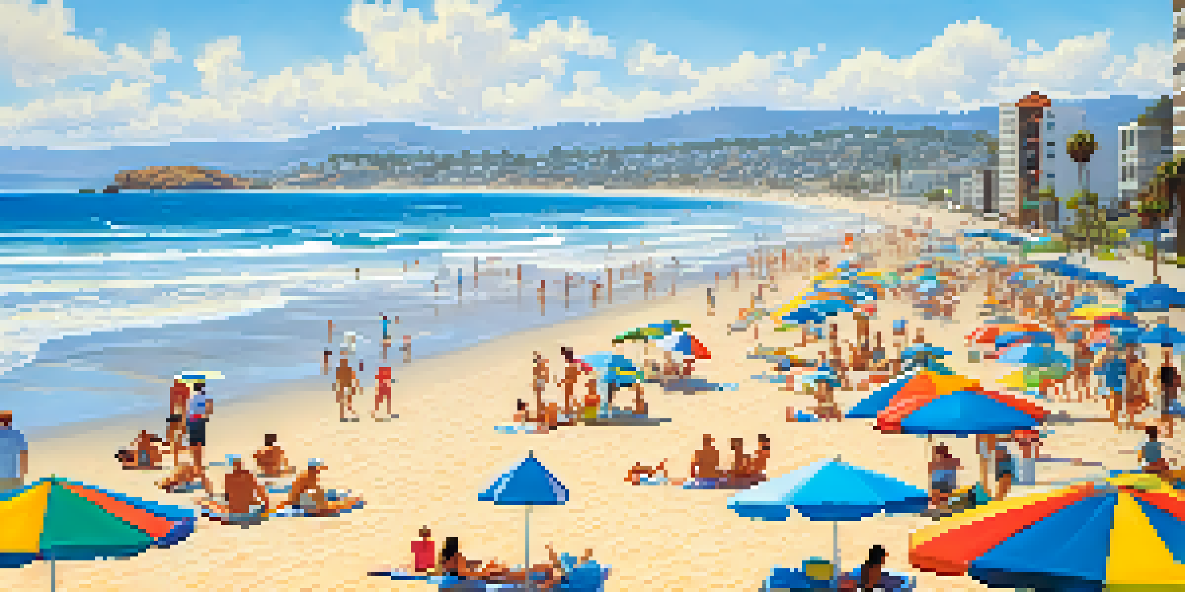A busy beach scene at Mission Beach with people surfing, playing volleyball, and colorful umbrellas under a clear blue sky.