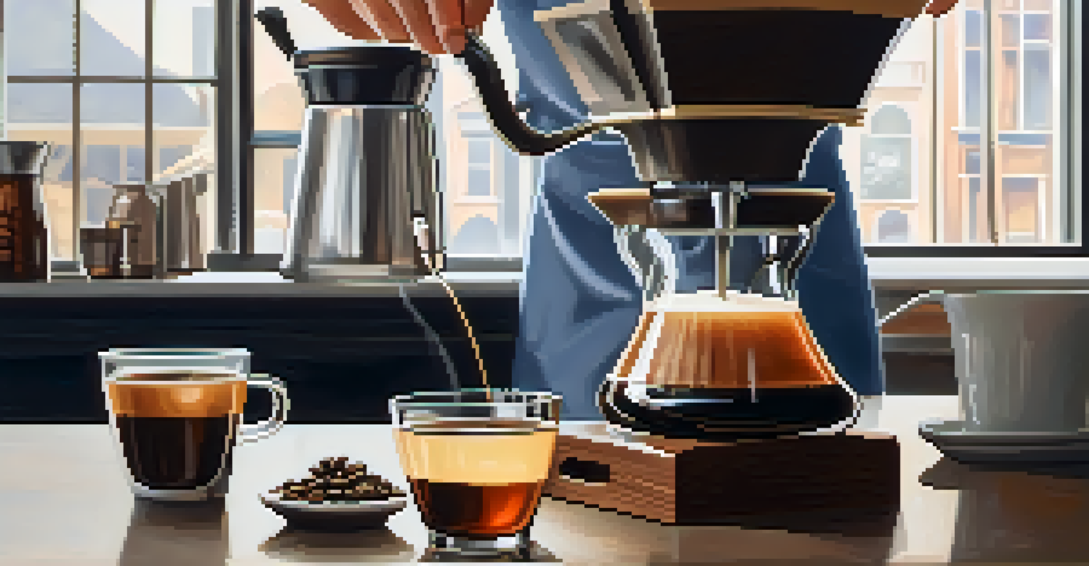 A close-up of a barista making pour-over coffee with a Chemex, highlighting the brewing process.