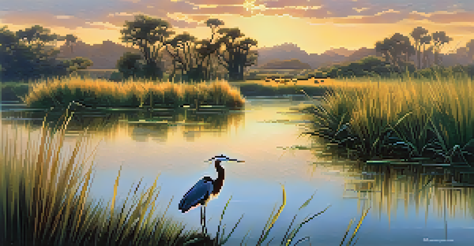 A wetland in San Diego at sunset, featuring birds and lush vegetation reflecting in the water.