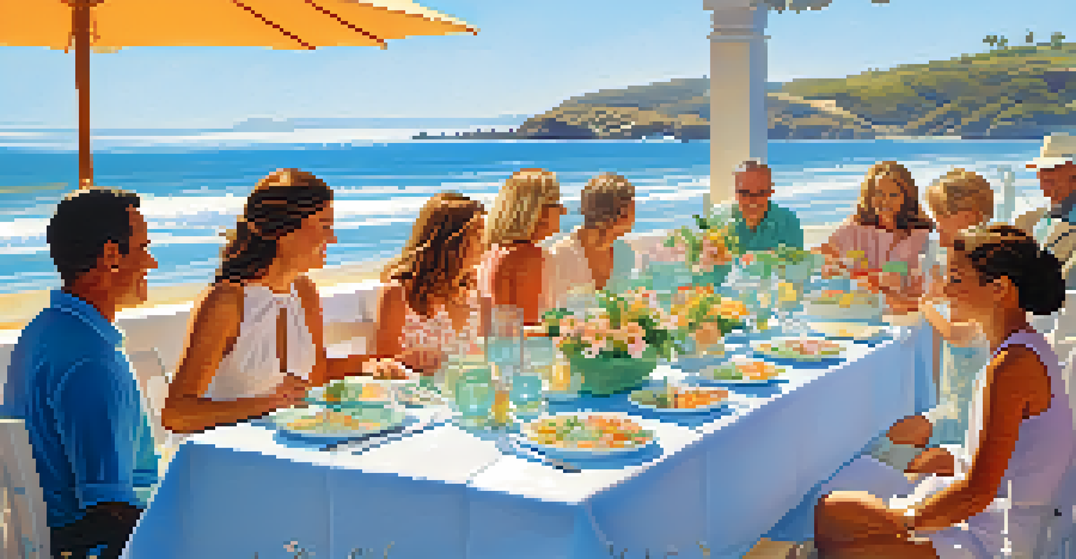 An outdoor Easter brunch table at a beachfront restaurant, decorated with pastel colors and floral arrangements, overlooking the ocean.
