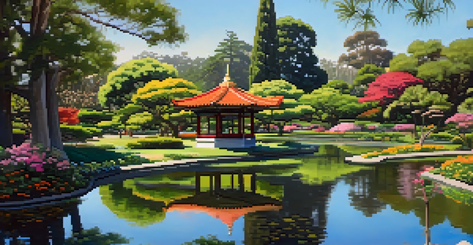 A peaceful scene of a garden with a pond, surrounded by vibrant flowers and trees, illuminated by soft sunlight.