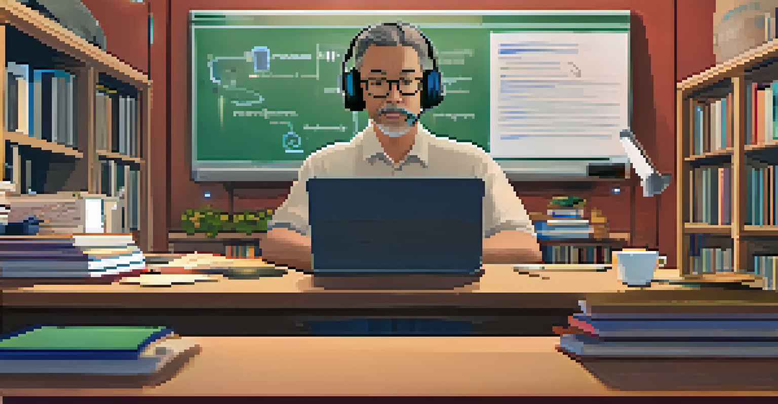 A middle-aged man attending an online learning class at his desk, with a cozy study environment and a laptop displaying a virtual classroom.