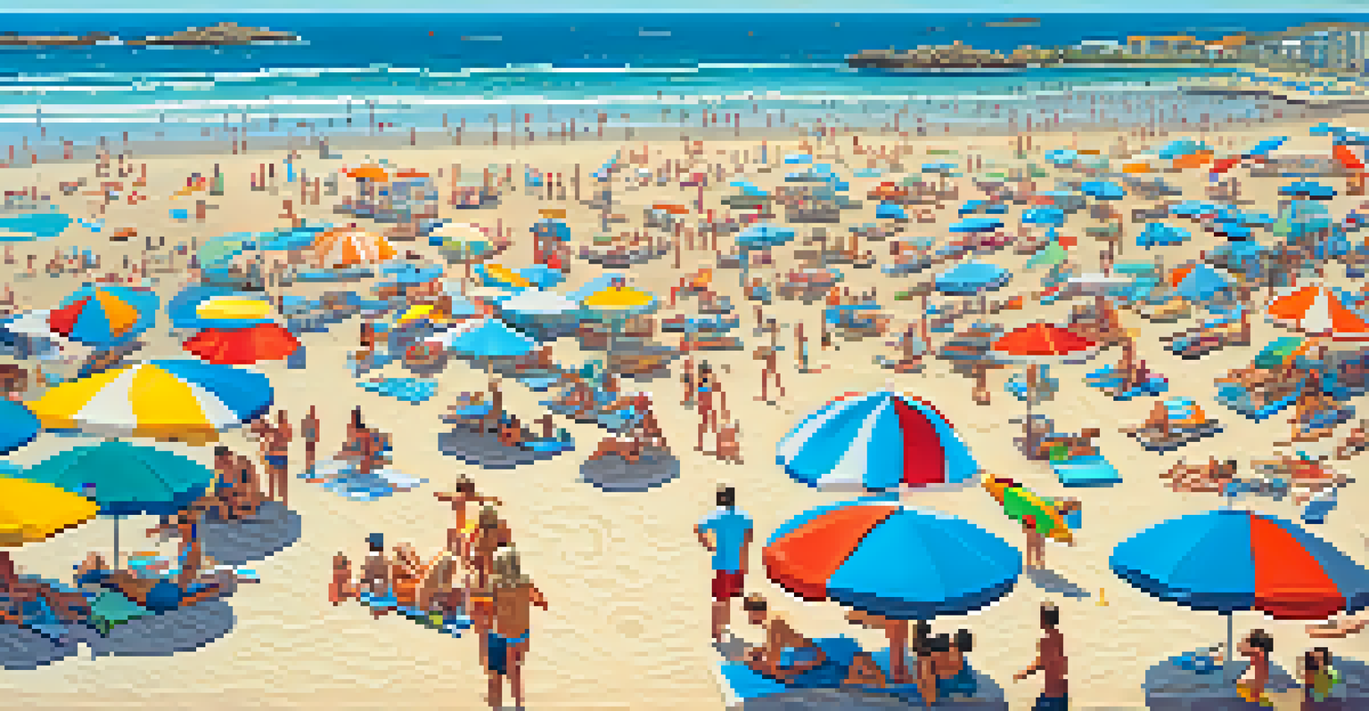 An aerial view of a busy beach in San Diego, filled with surfers, sunbathers, and colorful umbrellas under a clear blue sky.