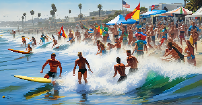 A surf competition at a beach in San Diego with surfers riding waves and spectators cheering.
