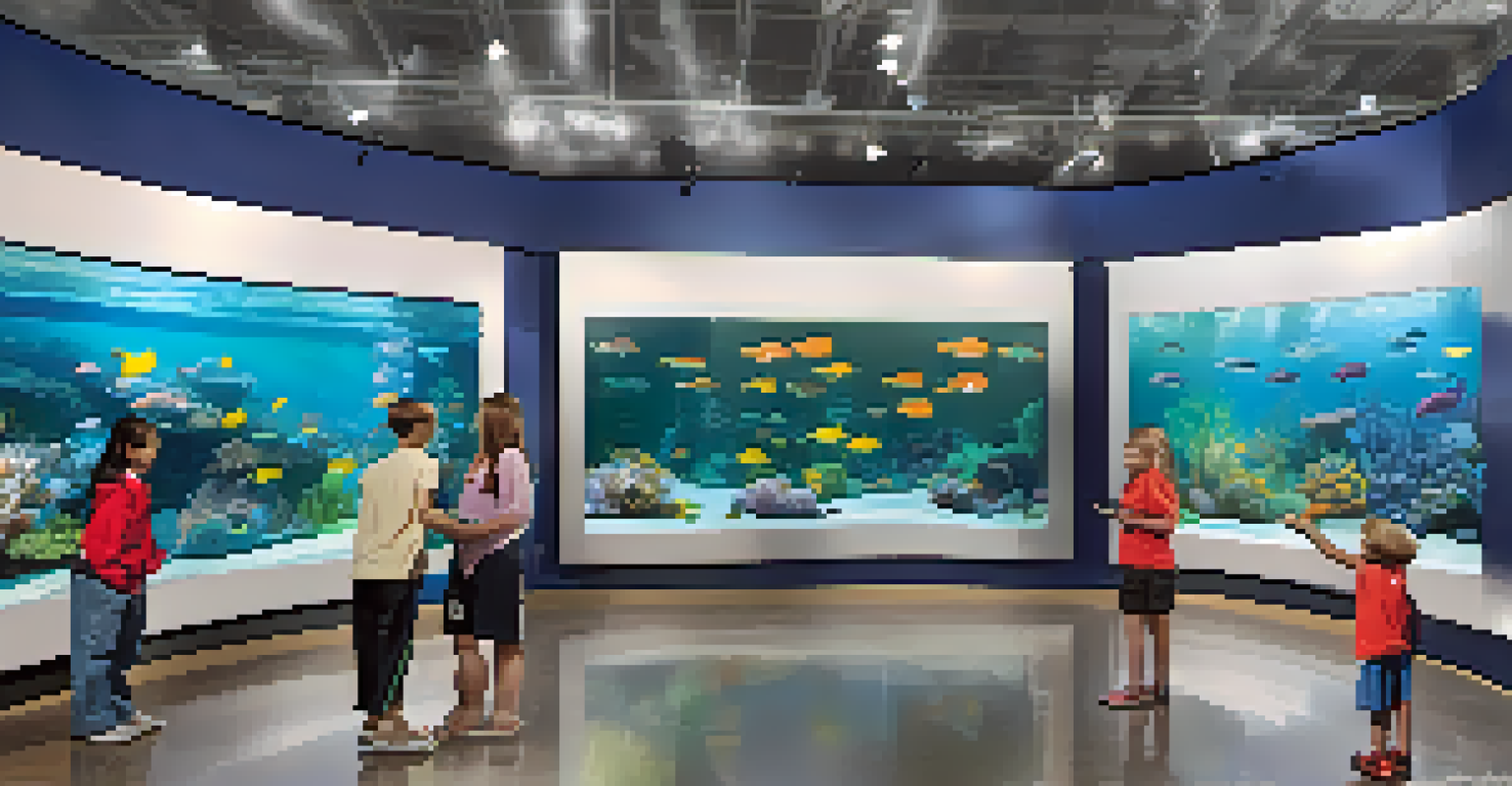 An interactive aquarium exhibit with families observing marine life and learning about conservation.