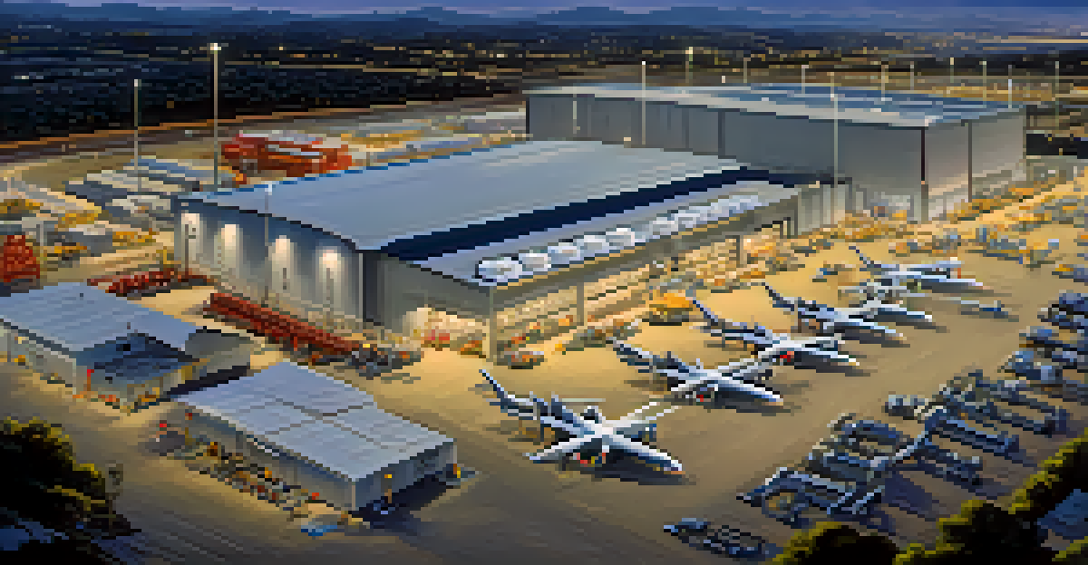An aerial view of an aerospace manufacturing facility in San Diego, with advanced drones and rockets being assembled by workers in safety gear.