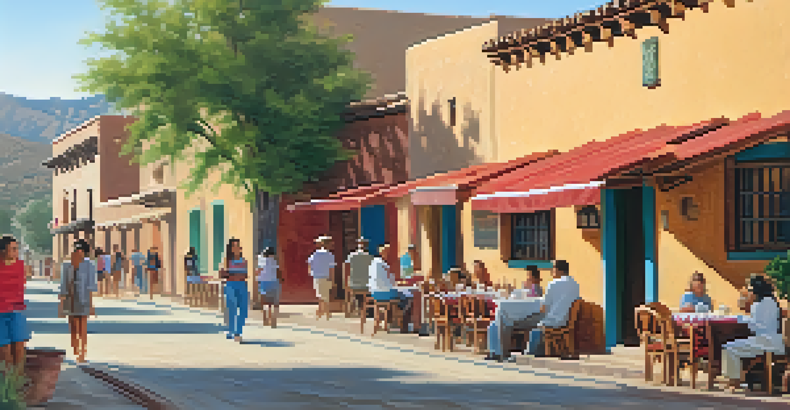 A lively street scene in Old Town State Park with adobe buildings and visitors enjoying the ambiance.