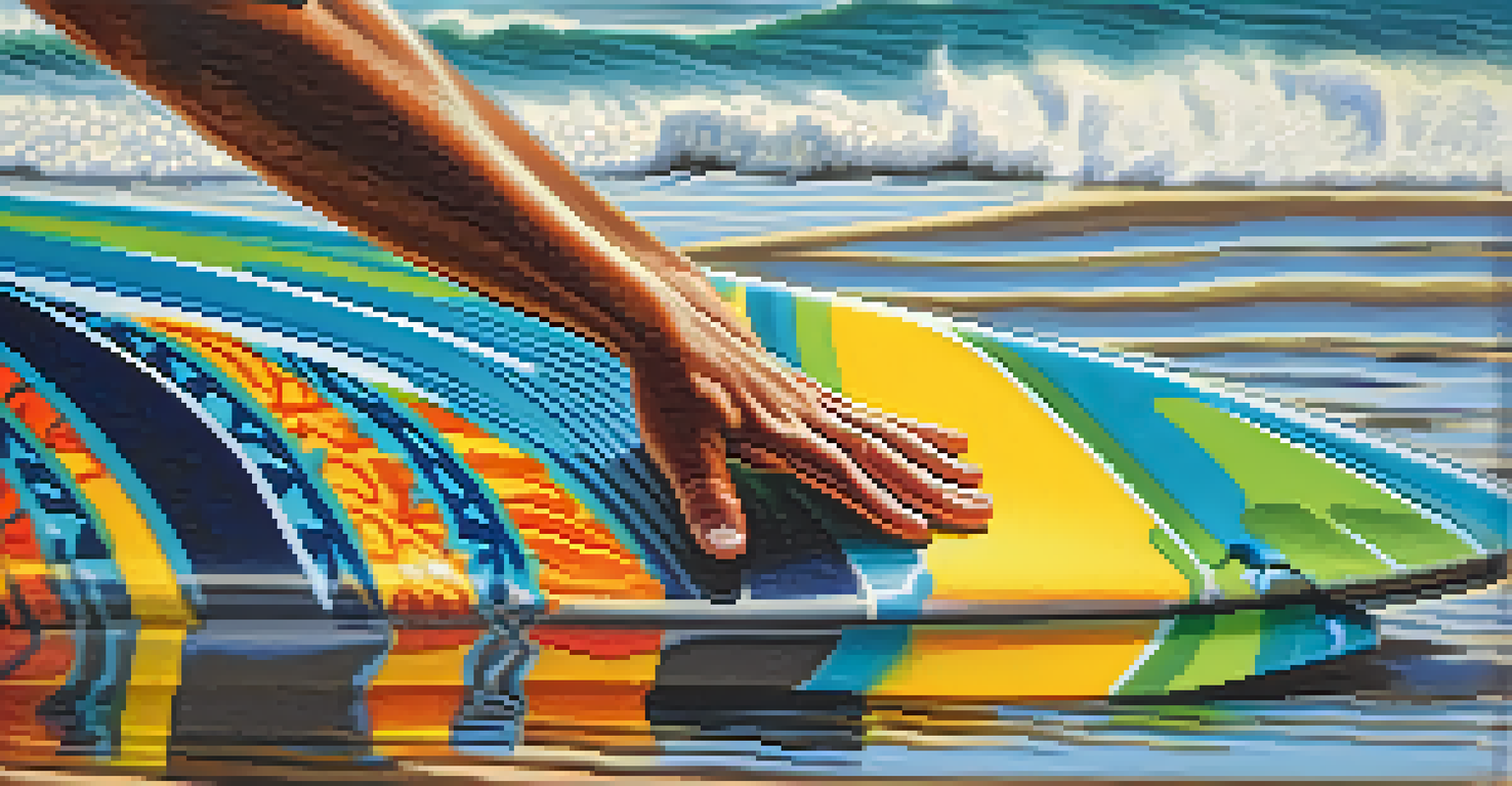 Close-up of a surfer's hand on a colorful surfboard with ocean waves in the background.