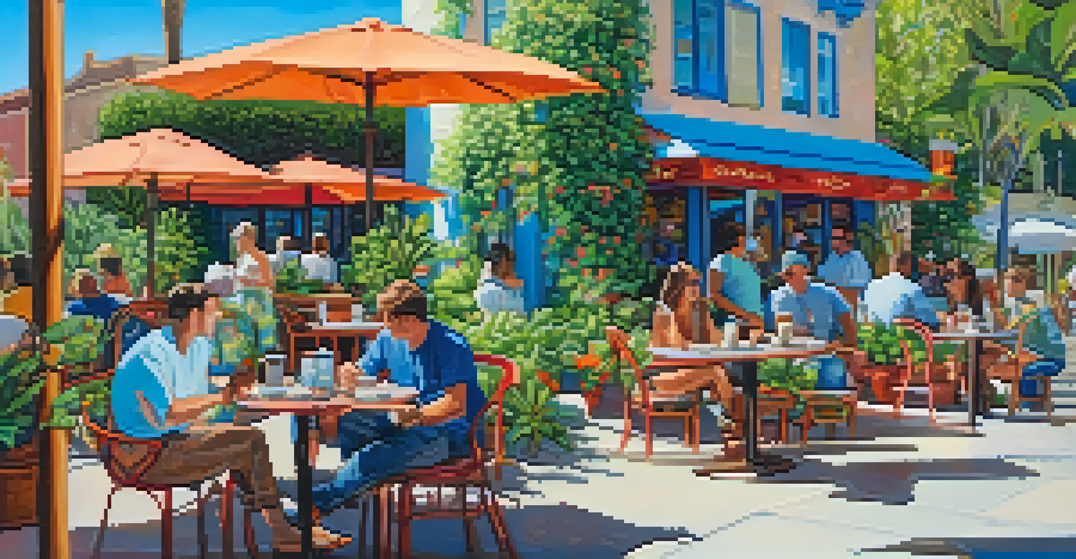 An outdoor café in San Diego with customers enjoying lattes in a sunny, vibrant setting.