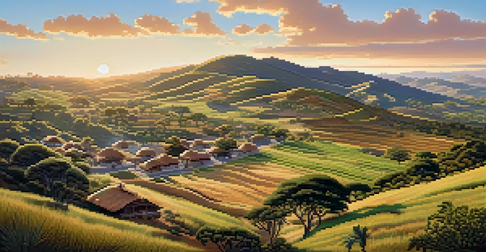 A peaceful San Diego landscape with rolling hills, traditional Kumeyaay village, and villagers interacting harmoniously with nature.